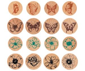 Syrvnto 16pcs Tampon encreur Enfant Rond Tampons en Bois Motifs Fleurs et Papillons Set Créatif Artisanat pour Journaling, DIY Scrapbooking et Carterie Décoration- Encreur Noir Inclus