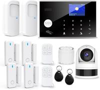 Système d'alarme domestique sans fil, comprenant 6 éléments : système d'alarme anti-effraction complet avec communication GSM/SMS 2G et Wi-Fi, sirène, détecteur de mouvement PIR, détecteur de porte/fe