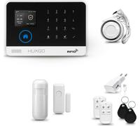 Système d'alarme HUXGO HXA003 pour la maison, avec connexion WiFi et GSM 4G, incluant une sirène, un détecteur de mouvement et un détecteur d'ouverture de porte/fenêtre, compatible avec l'application 
