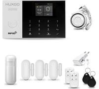 Système d'alarme HUXGO HXA005 Funk, pour la maison, avec Wi-Fi + GSM 4G, comprenant une sirène, un détecteur de mouvement et 3 détecteurs d'ouverture de portes et fenêtres, compatible avec l'applicati