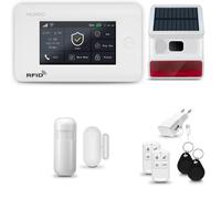 Système d'alarme HUXGO HXA006 pour la maison, avec connexion WiFi et GSM 4G, incluant une sirène sans fil, un détecteur de mouvement et un détecteur d'ouverture de porte/fenêtre, compatible avec l'app