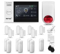 Système d'alarme HUXGO HXA007 pour la maison, avec connexion WiFi et GSM, incluant une sirène sans fil. Ce système d'alarme est équipé de 7 détecteurs de mouvement et de 7 capteurs de porte/fenêtre