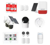 Système d'alarme intelligent pour la maison, comprenant 2 caméras extérieures solaires, une caméra intérieure et une sirène