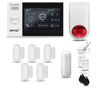 Système d'alarme HUXGO HXA007, WiFi + GSM 4G, avec sirène sans fil. Kit comprenant : 1 détecteur de mouvement et 5 détecteurs d'ouverture de portes/fenêtres. Compatible avec l'application Tuya Smartli