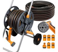 Système d'arrosage pour jardin - Kit chariot de tuyau - Arrosage du gazon - Complet avec arroseur - 30 mètres de tuyau - Orange