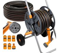 Système d'arrosage pour jardin - Kit chariot de tuyau - Arrosage du gazon - Complet avec arroseur - 30 mètres de tuyau - Orange