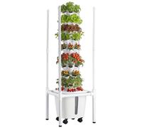 Système de culture hydroponique vertical en tour, avec 9 niveaux et 45 emplacements pour plantes, équipé d'une lampe de culture LED, d'unevia application, d'un réservoir de 20 litres avec pompe, et de