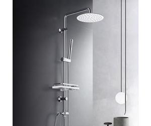 Système de douche à effet pluie JOHO avec tablette, ensemble de douche sans robinetterie, avec barre de douche en acier inoxydable, pomme de douche de 20 cm, chromée