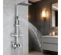 Système de douche effet pluie, pommeau de douche carré haute pression avec douchette à main 3 jets, ensemble de douche réglable en hauteur et en angle avec bec de baignoire pivotant et étagère intégré