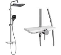 Système de douche - Ensemble mural - Étagère - Douche de pluie carrée de 300 x 195 mm - Douchette à main à 4 fonctions avec buse de nettoyage - Barre réglable en hauteur - Acier inoxydable