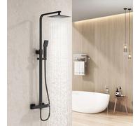 Système de douche Heilmetz avec thermostat, noir mat, ensemble de douche à effet pluie 20 x 20 cm avec douchette à main, robinetterie de douche en acier inoxydable, colonne de douche réglable en haute