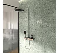 Système de douche Ideal Standard Solos A7883AA avec thermostat de douche apparent Ceratherm Navigo® et étagère, douche de tête avec anneau lumineux LED, douchette 3 fonctions et douche de tête, chromé