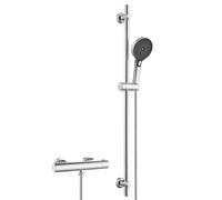 Système de douche JOHO avec thermostat – Ensemble de douche en acier inoxydable comprenant un mitigeur, une barre de douche, une douchette à main et une barre de douche de 100 cm, finition chromée