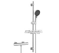 Système de douche JOHO en acier inoxydable avec mitigeur, ensemble comprenant une barre de douche avec thermostat, une douchette à main, un flexible et une barre de douche de 100 cm avec porte-savon,