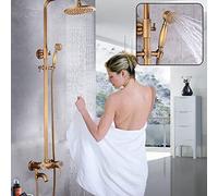 Système de douche rétro avec thermostat et mitigeur en laiton - Ensemble de douche avec douche à effet pluie doré - Montage mural - Bec de baignoire cascade - Salle de bain