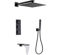 Système de douche thermostatique avec bec de baignoire cascade, ensemble de robinets de douche noirs, système de pomme de douche à effet de pluie mural avec ensemble de douche à main, ensemble combiné