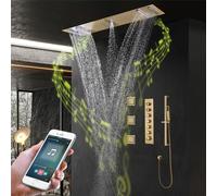 Système de douche thermostatique avec robinet de douche LED, valves de douche en laiton, pommeau de douche à effet pluie et pulvérisateur à main, accessoires de douche musicaux multifonctionnels