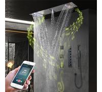 Système de douche thermostatique avec robinet de douche LED, valves de douche en laiton, pommeau de douche à effet pluie et pulvérisateur à main, accessoires de douche musicaux multifonctionnels