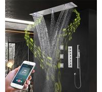Système de douche thermostatique avec robinet de douche LED, valves de douche en laiton, pommeau de douche à effet pluie et pulvérisateur à main, accessoires de douche musicaux multifonctionnels