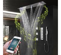 Système de douche thermostatique avec robinet de douche LED, valves de douche en laiton, pommeau de douche à effet pluie et pulvérisateur à main, accessoires de douche musicaux multifonctionnels