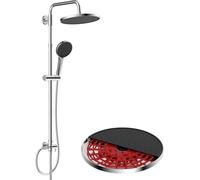 Système de douche Unyqoos® Chrom, avec pomme de douche pluie ronde autonettoyante et douchette à main, barre de douche réglable, flexibles en acier inoxydable anti-torsion (G12), pression de 3 à 4 bar