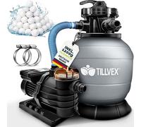 Système de filtration à sable pour piscine avec minuterie, débit de 13 200 L/h jusqu'à 40 000 L + 1200 g de billes filtrantes | Unité de filtration avec vanne 7 voies et adaptateur 2 en 1 (32-38 mm) |