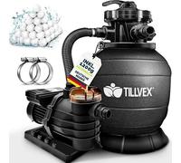 Système de filtration à sable pour piscine avec minuterie, débit de 13 200 L/h jusqu'à 40 000 L + 1200 g de billes filtrantes | Unité de filtration avec valve 7 voies et adaptateur 2 en 1 (32-38 mm) |