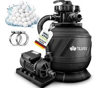 Système de filtration à sable pour piscine, débit de 7 900 litres/heure, incluant 400 grammes de billes filtrantes. Unité de filtration avec valve à 7 voies et adaptateur 2 en 1 (32 mm - 38 mm). Filtr