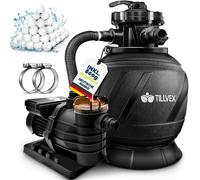 Système de filtration à sable Tillvex pour piscine 10 m³/h, avec 800 g de billes filtrantes AquaBlack Pro | Système de filtration avec vanne à 7 voies et adaptateur 2 en 1 Ø 32 mm - 38 mm | Filtre de
