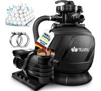 Système de filtration à sable tillvex® pour piscine avec minuterie AquaBlack Pro 13 200 l/h à 40 000 l + 1 200 g de billes filtrantes | Système de filtration avec vanne à 7 voies et adaptateur 2 en 1
