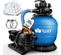 Système de filtration à sable tillvex® pour piscine avec minuterie, bleu, 13 200 l/h à 40 000 l + 1 200 g de billes filtrantes | Système de filtration avec vanne à 7 voies et adaptateur 2 en 1 Ø 32-38