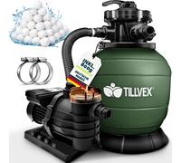 Système de filtration à sable Tillvex pour piscine avec minuterie, débit 10 m³/h, avec 800 g de billes filtrantes vertes | Système de filtration avec vanne à 7 voies et adaptateur 2 en 1 Ø 32 mm - 38 