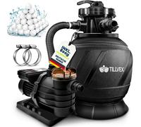 Système de filtration à sable Tillvex pour piscine avec minuterie, débit 10 m³/h, comprenant 800 g de billes filtrantes AquaBlack Pro | Système de filtration avec vanne à 7 voies et adaptateur 2 en 1