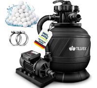 tillvex® Système de Filtre à Sable 7.900L/h + 400g Boules de Filtre | 7 Fonctions & Adaptateur 2en1 Ø32-38mm | Filtre de piscine avec indicateur de pression (AquaBlack Pro avec minuterie)