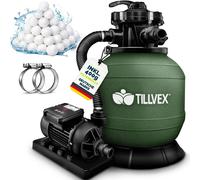 Système de filtration à sable tillvex® pour piscine avec minuterie, débit 7 900 l/h, 400 g de billes filtrantes incluses | Système de filtration avec vanne à 7 voies et adaptateur 2 en 1 Ø 32 mm - 38