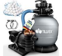 Système de filtration à sable tillvex® pour piscine avec minuterie, gris, 13 200 l/h à 40 000 l + 1 200 g de billes filtrantes | Système de filtration avec vanne à 7 voies et adaptateur 2 en 1 Ø 32-38