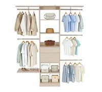 VEVOR Système de placard avec 2 tiroirs, système d'organisation de placard en bois à hauteur réglable, porte-vêtements avec 5 tringles à vêtements rétractables, pour rangement de chambre, chêne gris