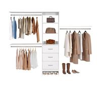 VEVOR Système de placard avec 3 tiroirs, système d'organisation de placard en bois à hauteur réglable, porte-vêtements avec 3 tringles à vêtements rétractables, pour rangement de chambre, blanc