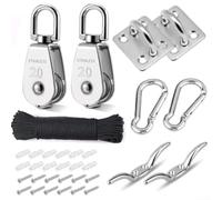 Système de poulie en acier inoxydable 304 avec corde de 20 m, kit de levage M20 avec capacité de 150 kg, poulies pivotantes avec mousqueton, plaques à œillets, crochets à taquet pour jardin, garage
