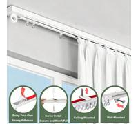 Système de rail de rideau 4 en 1 à fixation auto-adhésive + trou de perçage - Montable au plafond/mur, combinable librement, installation facile, convient pour la salle de bain, les fenêtres, les sépa