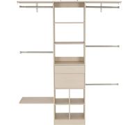 Système de rangement avec 2 tiroirs, organiseurs de placard en bois à hauteur réglable, organisation moderne de dressing avec 5 tringles à vêtements rétractables, rangement indépendant pour vêtements,