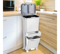 Système de tri des déchets de cuisine Ikodm 42, 3 compartiments, blanc, avec 3 bacs à déchets, 2 seaux intérieurs amovibles, pédale, couvercles à fermeture douce, tiroir et roulettes verrouillables