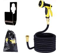 Système de tuyau d'arrosage flexible avec pomme d'arrosage à 9 jets - raccord en acier inoxydable - support de tuyau - sac de transport - 45 m || Tuyau d'arrosage flexible à 9 jets avec robinet - racc