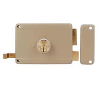 Système de verrouillage pour portes en bois, conçu pour les personnes gaucheres, avec levier de verrouillage, gâche et poignée, dimensions 120 x 85 mm - Acier beige