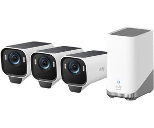 Système de vidéosurveillance sans fil eufyCam S3 Pro, 4K, BionicMind™, MaxColor Vision, panneau solaire intégré, Homebase 3 + 3 caméras eufyCam S3 Blanc/Gris