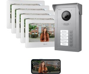 Système d'interphone pour porte GOLIATH Basic, 2 fils, avec écran FullHD, application mobile, angle de vision de 150°, pour 5 logements, couleur argent/blanc, à encastrer