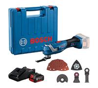 Système professionnel Bosch 18 V : Akum. outil multifonction GOP 185-LI (moteur sans pire, angle oscil. 3,4°, 1 ac. 4,0 Ah, rangée, 1 papier de verre, 1 lame de scie, 1 lame de scie, 1 lame de scie, valise)