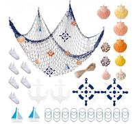SZHUGEKI 1 x 2 M Filet de Pêche Décoratif, Décoration Murale Maritime | Peche Filet de Pêche Nautique Décor Suspendue avec Coquillages, Voiliers, Gouvernails, Ancres en Bois