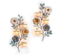 Sziqiqi Applique Bougies Murale Décor: Support Bougies Murale Lot de 2 avec 6 Verres à Thé - Candelabre Métal Coloré Motif Fleur et Feuille comme Art Murale pour Salon Salle de Bain Chambre Cheminée