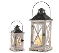 Sziqiqi Lanterne Bougeoir en Bois Vintage, Lot de 2, 28/48cm, Blanc Antique | Lanterne Décorative Style Shabby Chic, pour Intérieur et Extérieur, Maison de Campagne, Entrée, Couloir, Balcon, Terrasse